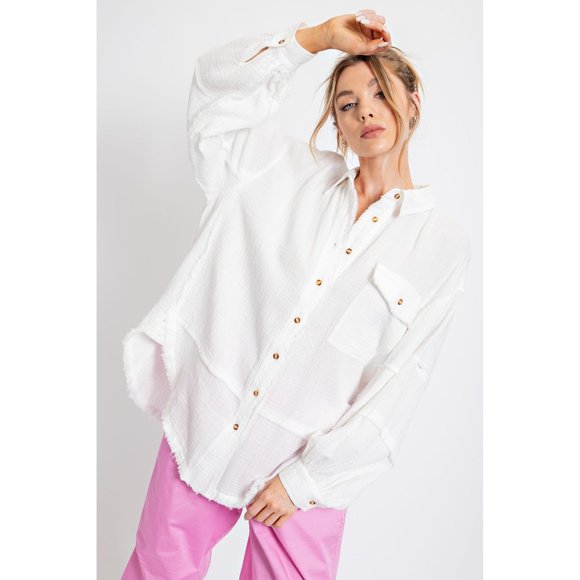 easel Tops - Easel Plus Off White Cotton Raw Hemline Curved Balloon Sleeve Loose Fit Top